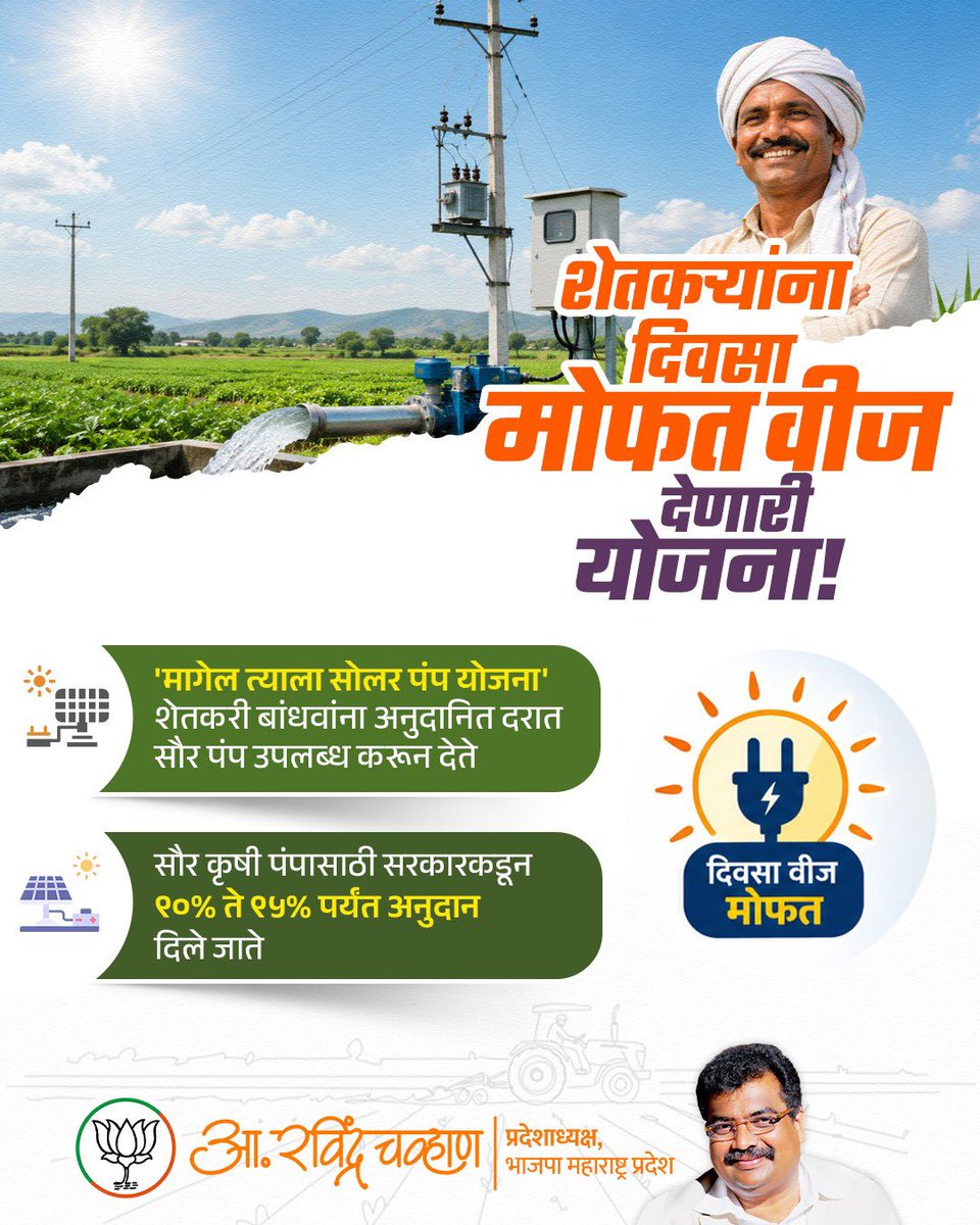 RaviDadaChavan's tweet photo. आदरणीय पंतप्रधान मोदीजींच्या मार्गदर्शनाखाली आणि आदरणीय मुख्यमंत्री देवेंद्रजींच्या नेतृत्वात आपला महाराष्ट्र कृषी क्षेत्रात अद्वितीय कामगिरी करत आहे. याच अनुषंगाने 'पंतप्रधान कुसुम' तसेच 'मागेल त्याला सौर कृषी पंप' या महत्त्वाकांक्षी योजनांना राज्यातील शेतकऱ्यांचा उत्स्फूर्त प्रतिसाद लाभत आहे.

या योजनांच्या यशस्वी अंमलबजावणीमुळे महाराष्ट्राने एका महिन्यात सुमारे ४५,९११ सौर कृषी पंप बसवून जागतिक विक्रम प्रस्थापित केला आहे. तसेच राज्यात आतापर्यंत तब्बल १० लाखांहून अधिक सौर कृषी पंप बसवण्यात आले आहेत. ही आकडेवारी राज्यातील लाखो शेतकऱ्यांच्या जीवनात घडलेल्या सकारात्मक बदलाची साक्ष देते.

#PMKUSUM #SolarPumpScheme #MaharashtraNo1