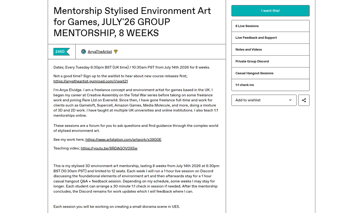 Anya_The_Artist's tweet photo. New UE5 environment art group mentorship sessions available tomorrow on Gumroad at 10am BST. 12 seats, 1:1 check ins, structured 1 hour sessions and casual hang outs. Work through creating a small stylised portfolio piece with me! https://t.co/msNTVCeFyZ