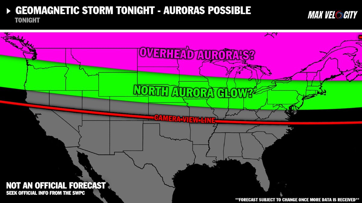 MaxVelocityWX's tweet photo. NORTHERN LIGHTS are possible tonight due to a possible geomagnetic storm!

This could lead to auroras being visible as far south as Kansas with a camera. If you live in Canada, your odds of seeing Northern Lights are increasing. Severe storms will increase cloud cover across the Northern Plains and Midwest tonight, so this could disrupt viewing.