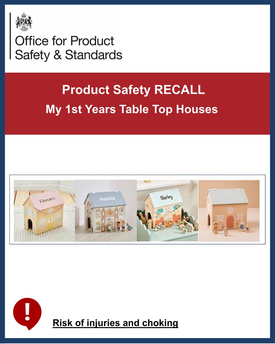 OfficeforSandS's tweet photo. ⚠️Product Recall for My 1st Years Table Top Houses.

The product presents a high risk of injuries because the front roof, screws and hinges can detach during play. The detached screws have sharp points and may cause injuries. The screws are also small parts, and therefore pose a choking hazard to young children, particularly those under 36 months of age who have a natural tendency to explore objects by placing them in their mouths.

Anyone with these products should stop using this product immediately and keep it out of reach of young children. To register for a refund, please follow the instructions provided at: https://t.co/tkZW2hqrZf ⚠️

Affected product name, ID, and batches are as follows:

🛑Small Doll’s House (FSC), 50112730, 06/24

🛑NHM Table Top Museum (FSC), 50113198, 04/25

🛑Tabletop Zoo (FSC), 50113402, 11/24

🛑Just Bee Kids Doll’s House (FSC), 50112736, 06/24

https://t.co/QDbmMLmovn 
 
#UkRecallsAndAlerts #ProductRecall