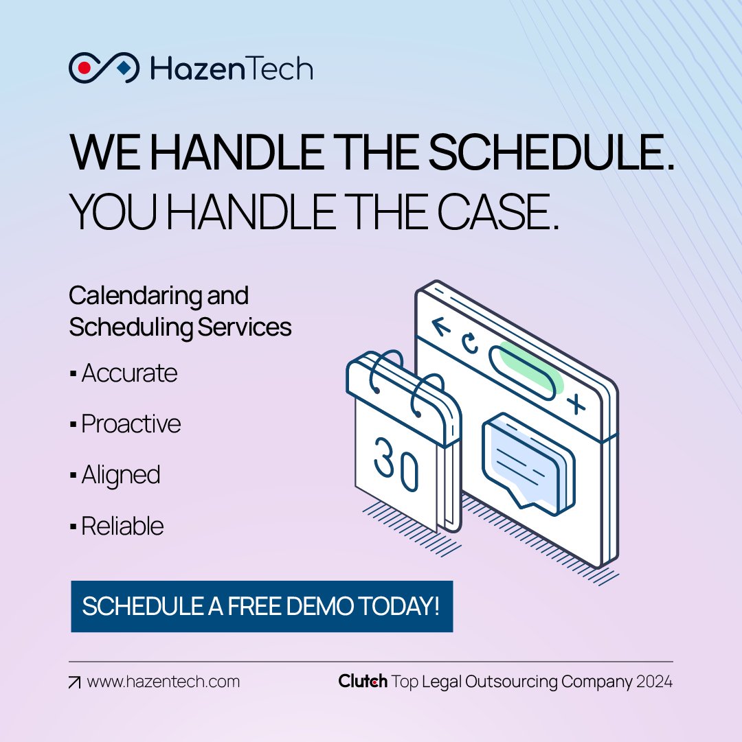 TechHazen's tweet photo. One missed court date can create serious problems for a law firm.

Accurate calendaring means more than entering dates. It requires tracking deadlines, court updates, time zone checks, and coordination across the legal team.

Reliable scheduling support helps keep cases moving and prevents costly mistakes.

Schedule a free trial of our Calendaring & Scheduling Services: https://t.co/dJrnHWh5xO

#LegalSupport #legalprocessoutsourcing #CalendaringServices #LitigationSupport #LegalOperations #bposervices