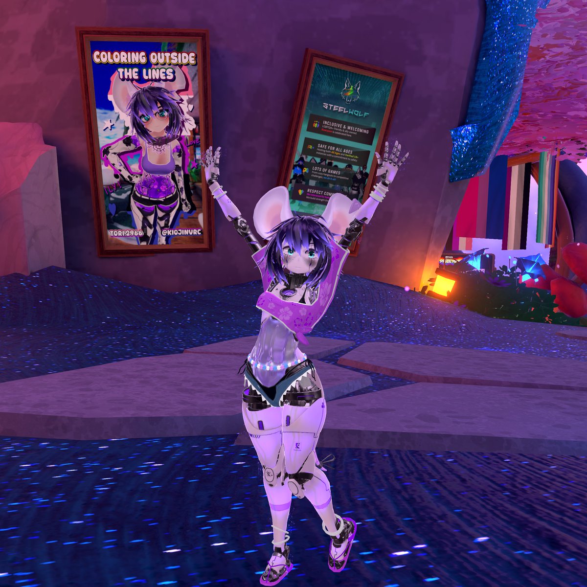 KiojinVRC's tweet photo. Look who made it into the #VRChat Pride Hub 💜✨

AAAAAA, was such a fun event yesterday x3 https://t.co/7Jih99gG15