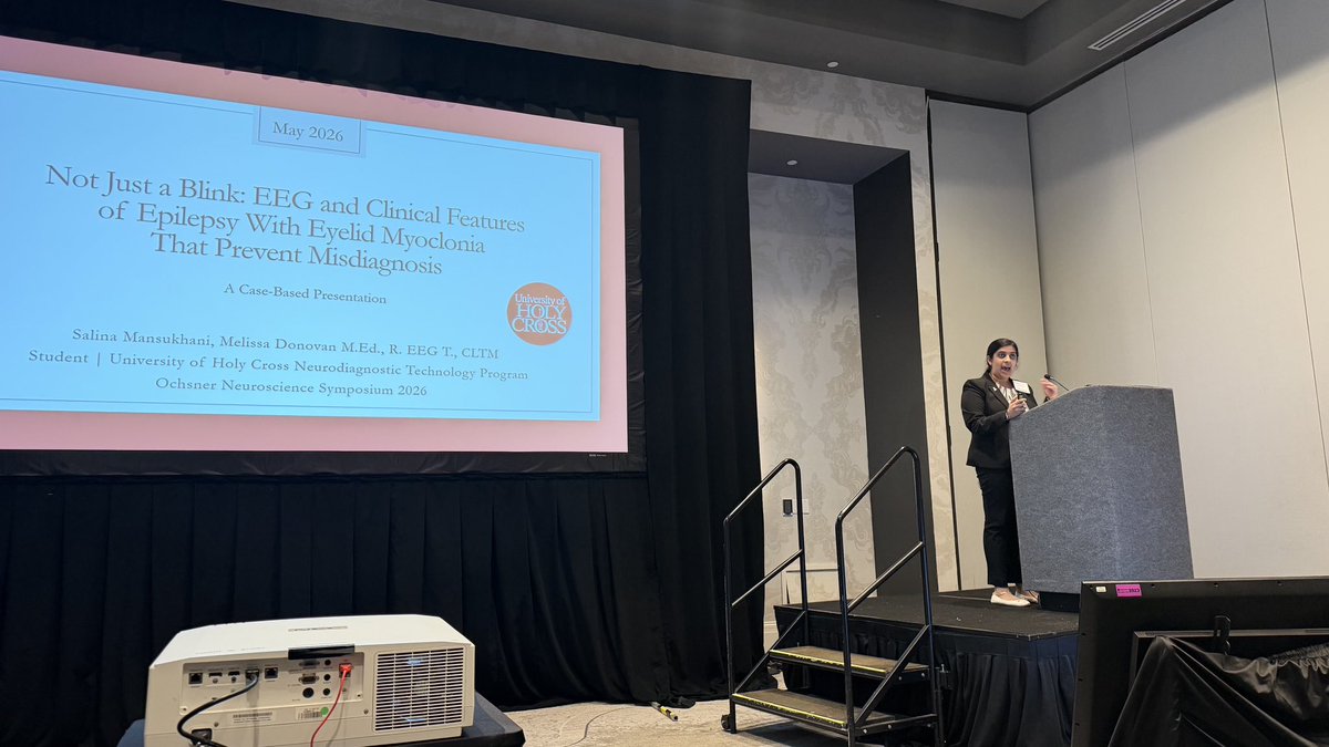 UofHC's tweet photo. Salina Mansukhani, dual major in Biology Pre-Med and Neurodiagnostic Technology, presented her research at the 2026 Ochsner Regional Neuroscience Symposium on May 8, 2026. Salina’s research was supported by Ms. Melissa Donovan, Clinical Education Coordinator of UHC’s NDT program. https://t.co/W5bEXHEoel