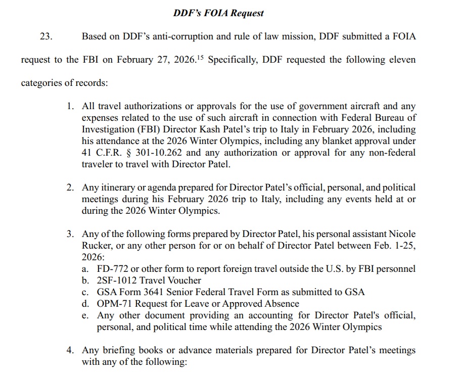 MacFarlaneNews's tweet photo. ANOTHER lawsuit seeks public records of Kash Patel's  taxpayer-funded trip to the Winter Olympics

Suit by @DDFund_ seeks the records below, noting... 

"Prices to attend Olympic events varied, but tickets to the men’s hockey final ranged between $500 and $1,600" https://t.co/z7C72dBbL6
