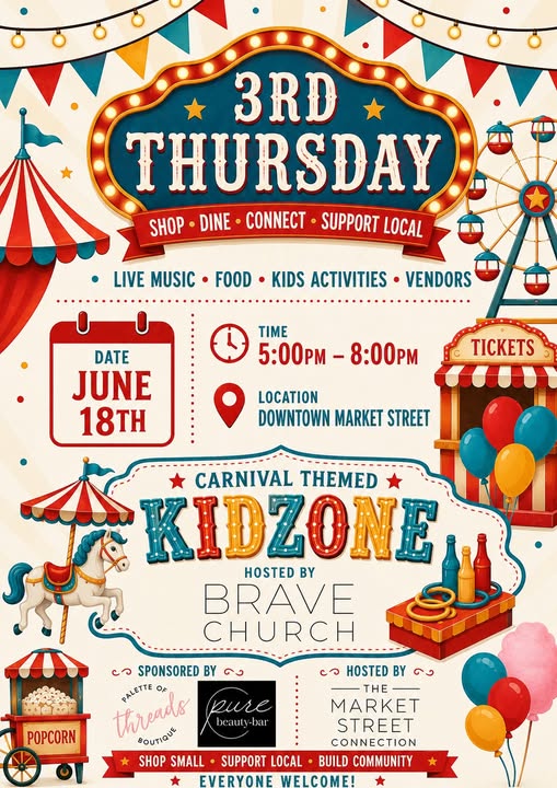 Brookville45644's tweet photo. June's #ThirdThursday, on June 18, is going to be a great time for the entire family. Loads of local businesses, vendors, FREE Carnival themed Kids Zone, live music and the #HistoricDowntownBrookvilleDORA! #BrookvilleCommunity #BluePride #BrookvilleProud #TheBrookvilleWay https://t.co/aWCFA0ezrU