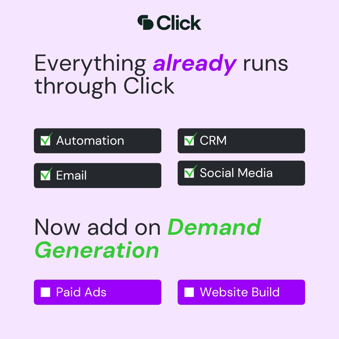 ClickDimensions's tweet photo. Your marketing already runs through Click, why stop there?

With our Professional Services offering, Click customers can tap into expert support for paid ads, website builds, graphic design, and more, helping you turn activity into real demand.

https://t.co/FDithTHfaD https://t.co/I84KSU3VkC
