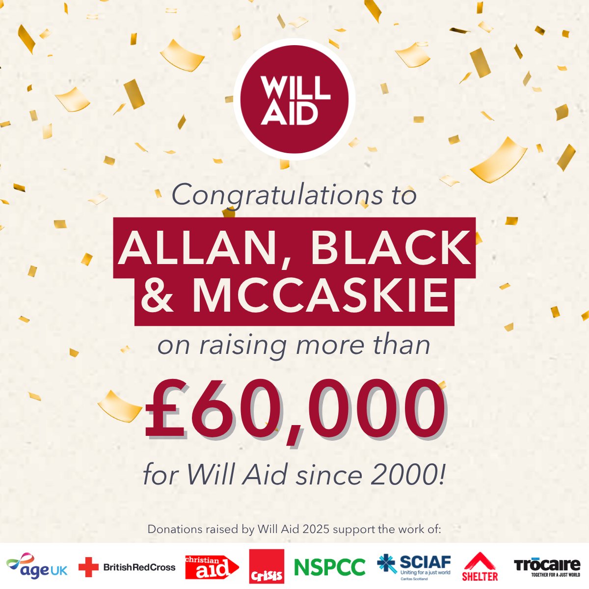 Will_Aid's tweet photo. Congrats to Allan, Black & McCaskie!
Since first taking part in 2000, the firm has raised a total of £62,252, including £6,050 during the 2025 campaign. Long-standing support like this plays an important role in helping #WillAid continue to raise vital funds for charity. https://t.co/Quqm2ZQZmr