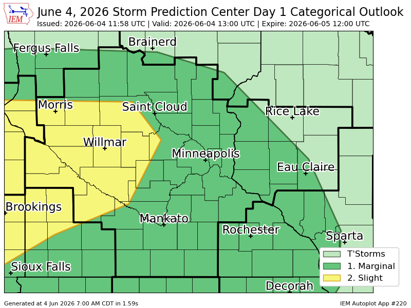 iembot_mpx's tweet photo. #SPC issues Day 1 Slight Convective Risk at Jun 4, 11:58z for MPX https://t.co/p0cXArC5Tc https://t.co/UdX1F8X8Y7