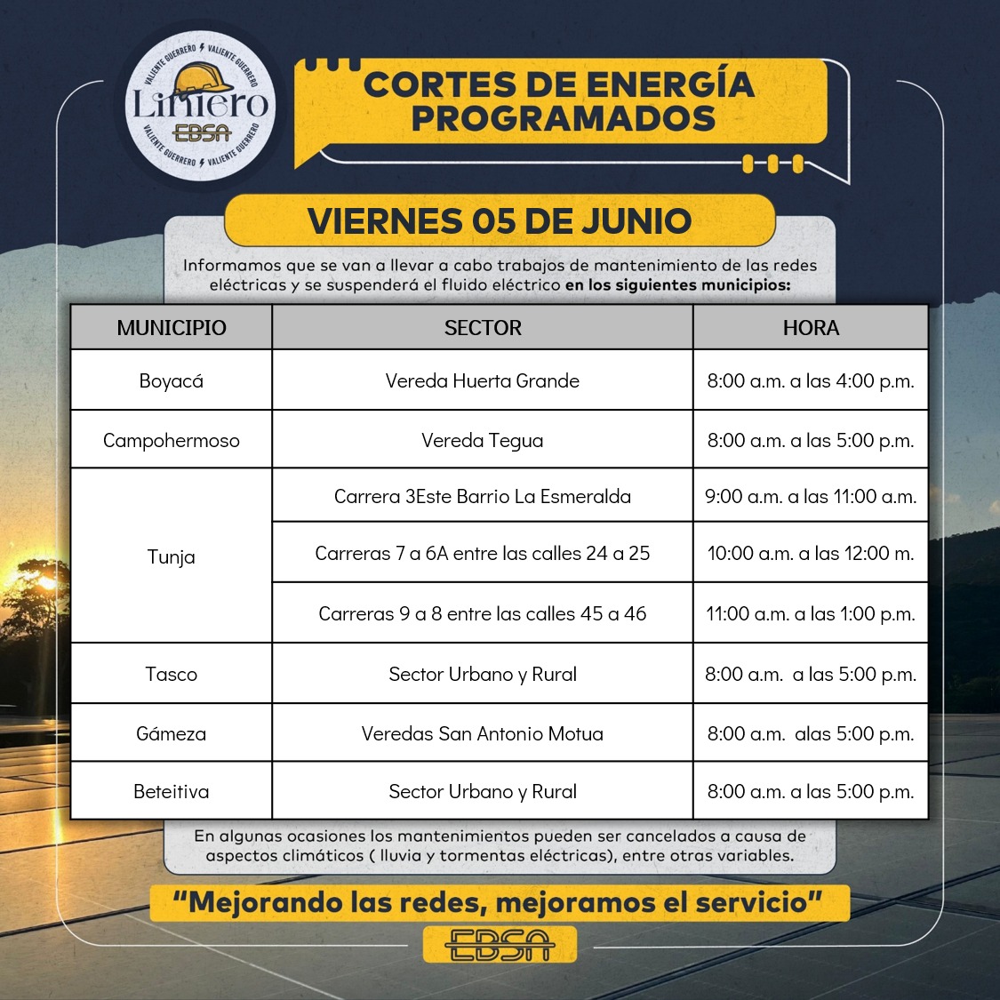 EBSApuraenergia's tweet photo. 🕯️ #CortesProgramados | Viernes 05 de junio 🗓️ Programación de suspensiones en el servicio de 💡energía, para el mantenimiento e instalación de redes. Infórmate sobre las suspensiones en tu área visitando ➡️ https://t.co/KgWWp97do4 https://t.co/k7dbxC8leV