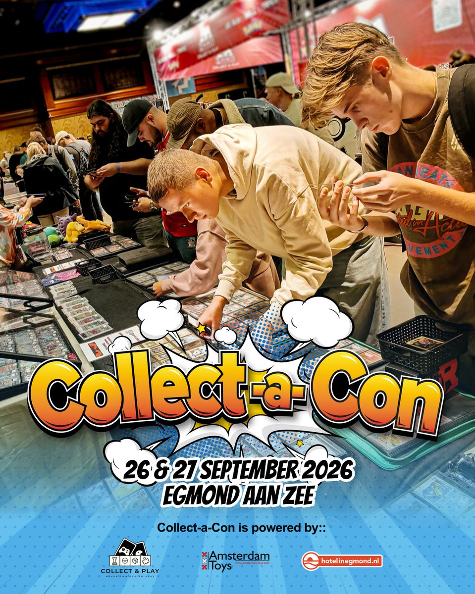 collectacon's tweet photo. Collect-a-Con 2026 staat op de kalender. Nu jij nog. Een weekend tussen de stands struinen, dingen ontdekken die je nergens anders vindt, en mensen tegenkomen die net zo ver gaan in hun hobby als jij. 

Dagticket is er vanaf €9,99. Wil je er een heel weekend van maken? Het weekendticket en hotelarrangement staan ook klaar.

🎟️ Tickets via https://t.co/o73HoxYc3t
📅 26 & 27 september 2026
📍 Hotel Zuiderduin, Egmond aan Zee

#collectacon #collectacon2026 #collectibles #pokemoncards #tcgnl #retrogaming #egmondaanzee #weekendjeweg #tradingcards #geekculture