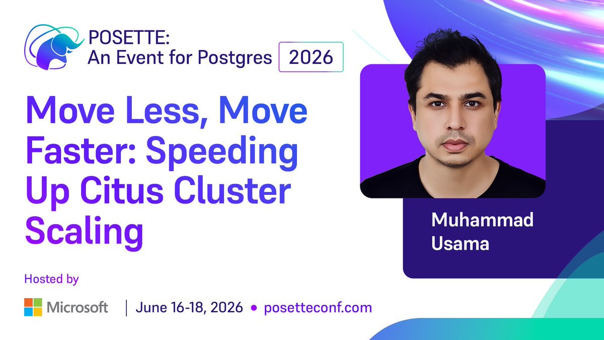 PosetteConf's tweet photo. Scaling a Citus cluster isn't limited by adding a VM, it's limited by how long it takes to rebalance data safely. Muhammad Usama @__usama covers shard rebalancing improvements &amp; snapshot-based node addition in Citus at POSETTE 

Watch Thu 18, Livestream 4 https://t.co/uzilwmmLeR https://t.co/BonyjbFsF1