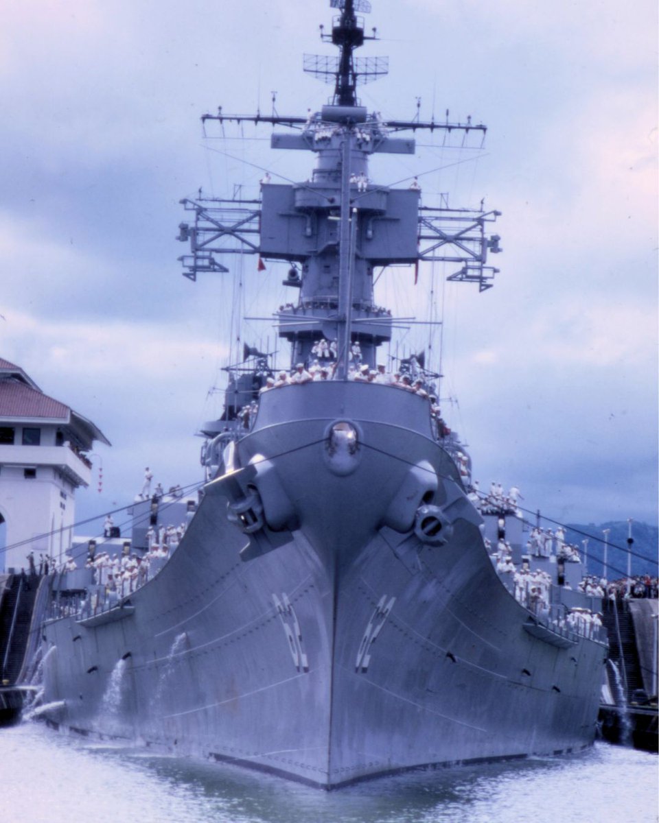 BattleshipNJ's tweet photo. On this day, June 4, 1968. Battleship New Jersey passes through the Miraflores Lock in the Panama Canal, bound for the Pacific and Vietnam. The lock is 110 feet wide. Her beam is 108 feet. It was a tight fit. 

Passages like the Panama Canal were piloted from the 08 Level — an area of the ship that has newly been added to our guided tours. 

#OTD #THID