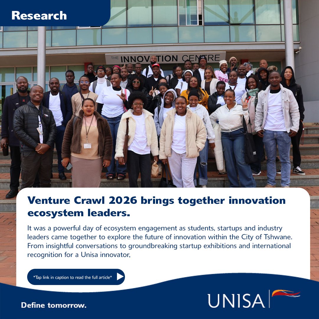 unisa's tweet photo. Unisa's Venture Crawl 2026, hosted on 6 May 2026, brought together students, startups and ecosystem leaders for a day focused on entrepreneurship and innovation within the City of Tshwane. 

https://t.co/AKpTTUHBfH 

#Unisa150andBeyond#UnisaRandI #UnisaResearch https://t.co/K9JxgSPnmi