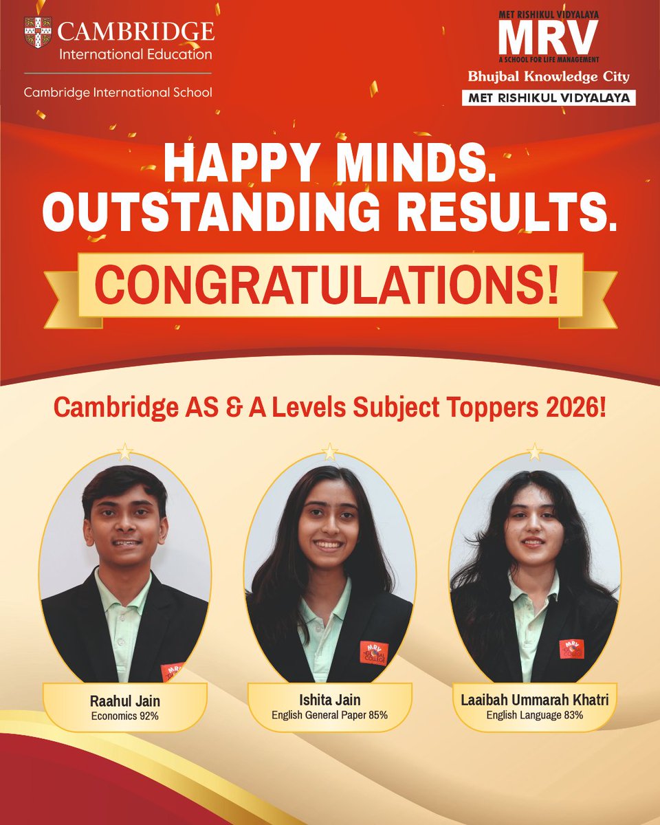 METedu's tweet photo. Congratulations to MRV’s AS &amp; A Level Subject Toppers from the Batch 2025–26 (March 2026 Examination)! Their dedication, perseverance, and academic excellence have led to remarkable achievements. 

#MRV #AHappySchool #ASLevels #ALevels #CambridgeInternational #AcademicExcellence https://t.co/p5eqX9t2Q0