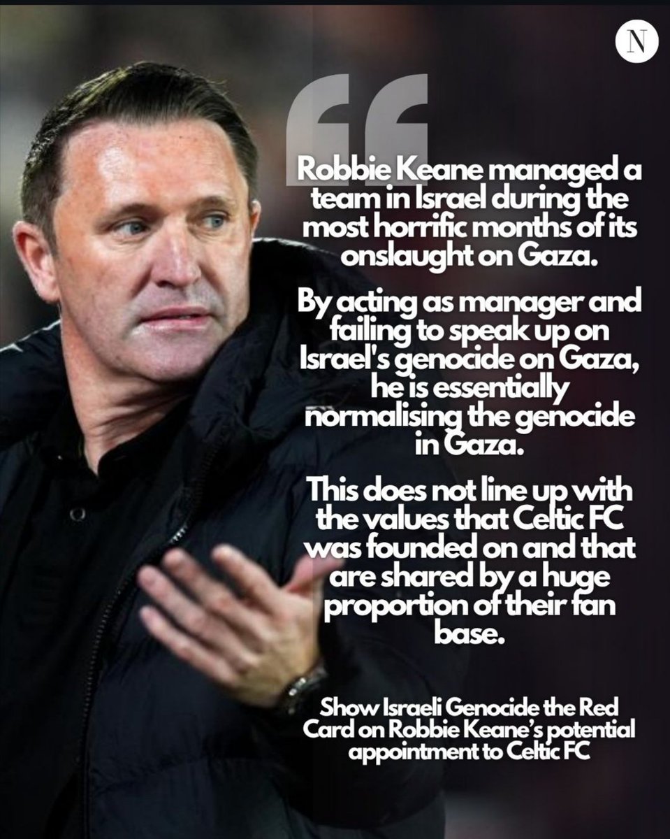 RedCardGlasgow's tweet photo. Read our comments in today's @ScotNational on the disastrous potential of Celtic's board giving the managerial position to ex- Maccabi boss Robbie Keane.

We stand in solidarity with Celtic fans and their unwavering support for Palestine 🇵🇸🇮🇪

https://t.co/aXgPimSAUq https://t.co/gsy076tDYt