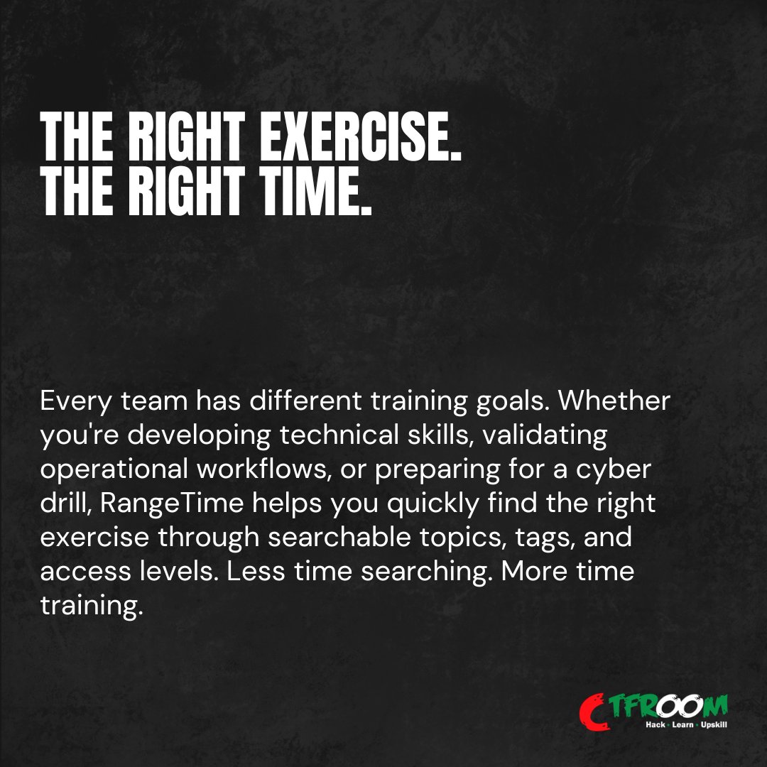 CTF_Room's tweet photo. The right exercise. The right time.

Find cyber drills, labs, and simulations that match your training goals and start building readiness.

#RangeTime #CyberRange #CyberSecurity #CyberTraining #InfoSec https://t.co/j3SrWsIXux