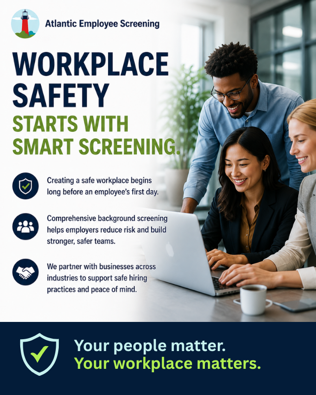 AtlanticChecks's tweet photo. A safe workplace starts with smart hiring. Atlantic Employee Screening helps businesses reduce risk, protect their teams, and hire with confidence because the people you bring onboard shape your workplace culture and success.

#WorkplaceSafety #Hiring #HR https://t.co/BcWalhZ95k