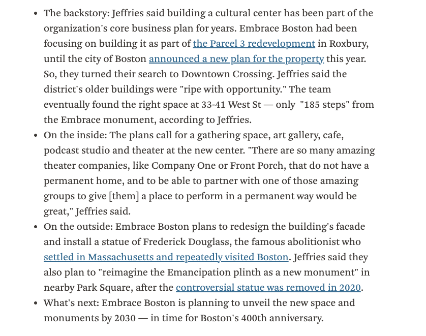 NikDeCostaKlipa's tweet photo. Embrace Boston's next move? A cultural center in Downtown Crossing, a new Frederick Douglass monument, and reviving the Emancipation statue that was removed from Park Square back in 2020: https://t.co/E5i0XCSCAO
