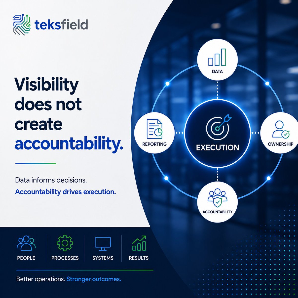 teksfield's tweet photo. More dashboards do not automatically create better outcomes.

Visibility is valuable.

Accountability is what drives execution.

Technology shows what is happening. Strong operations ensure action follows.

#AI #Operations #DigitalTransformation https://t.co/oWeri5tFuO