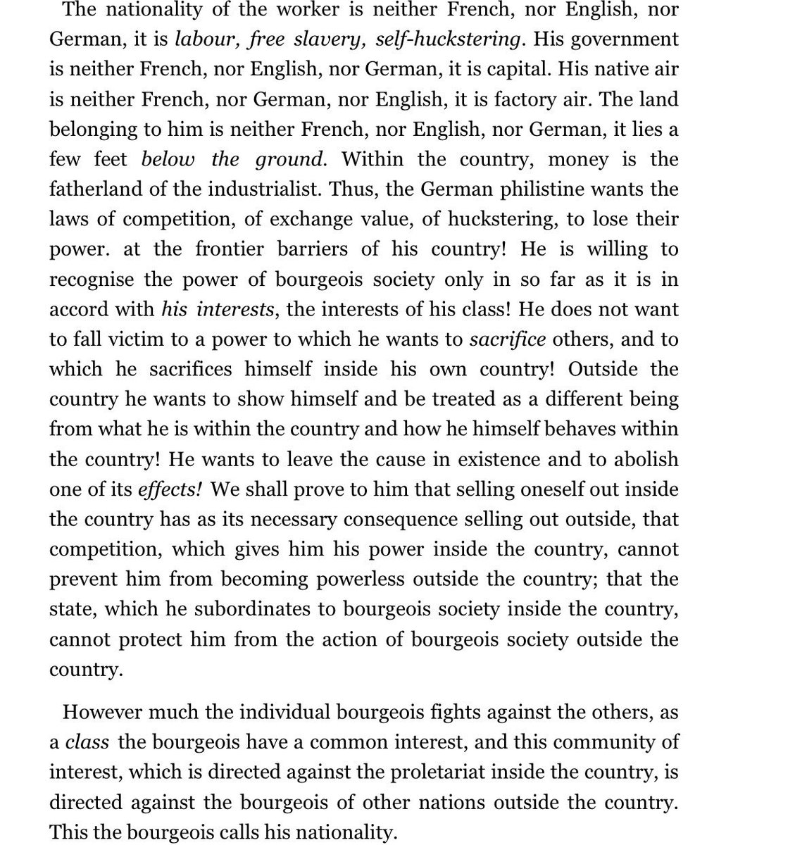 class_struggler's tweet photo. Given that morons on the internet have once again called for “proletarian nationalism” here is Marx demolishing this https://t.co/o19SLoo6yr