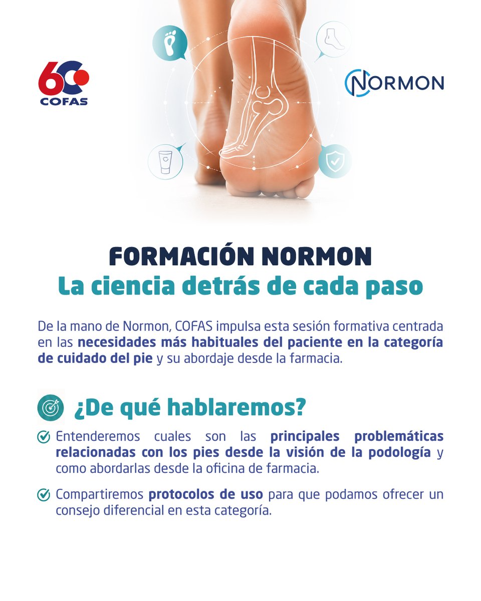 iCOFAS's tweet photo. FÓRMATE CON COFAS 📚
Junto a Normon, abordaremos las principales problemáticas relacionadas con el cuidado del pie y su abordaje desde la farmacia. 🦶

📅 11 junio
📍 COFAS y online
🟢 Inscripciones abiertas hasta el 9 de junio.

#TuFarmaciaEmpiezaEnTuCooperativa https://t.co/edlfI6y7Nf