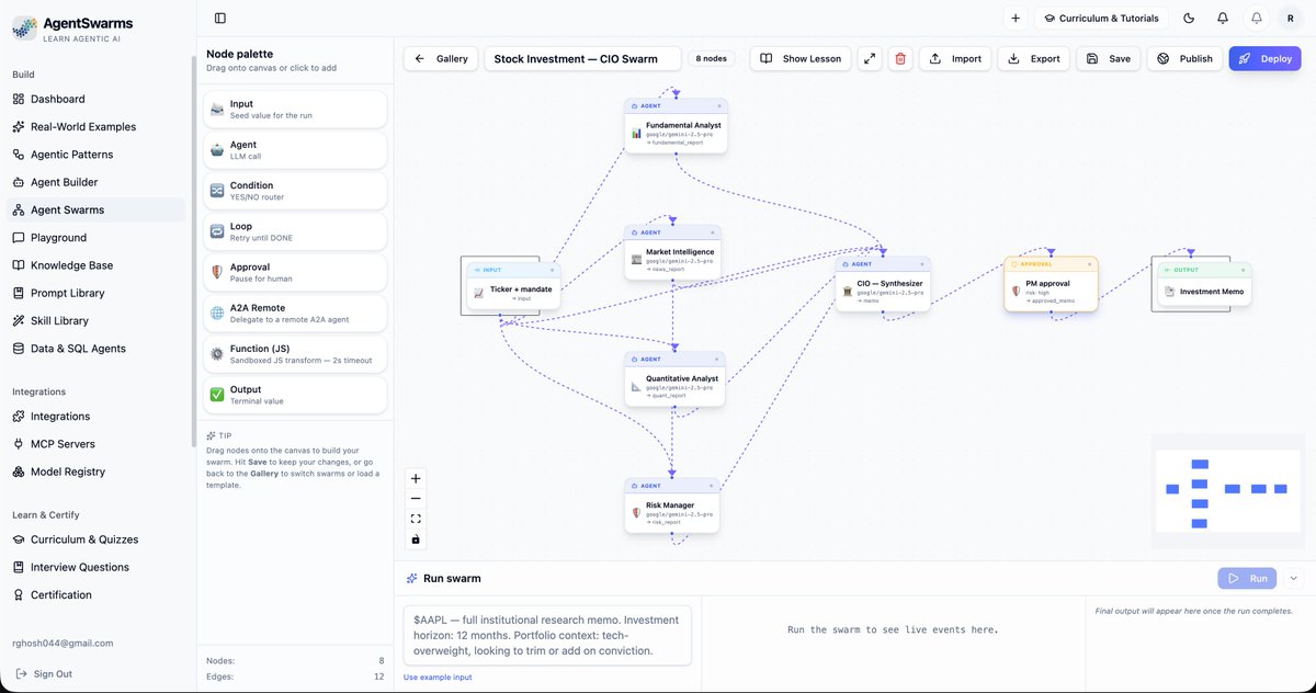 AgentSwarmsAI's tweet photo. Someone asked, "When you say no setup required, does that mean users can actually run a full multi-agent pipeline without any configuration?" They followed with: "or do they still need API keys and local installs before anything works?"

We answered them this way:

"No setup required doesn't mean no depth. It means the barrier to starting is gone.

You open a template, run it, and learn from what happens - not from configuring environments.

The goal isn't to hide complexity, but to let you meet it on your own terms, once you're already inside the system."