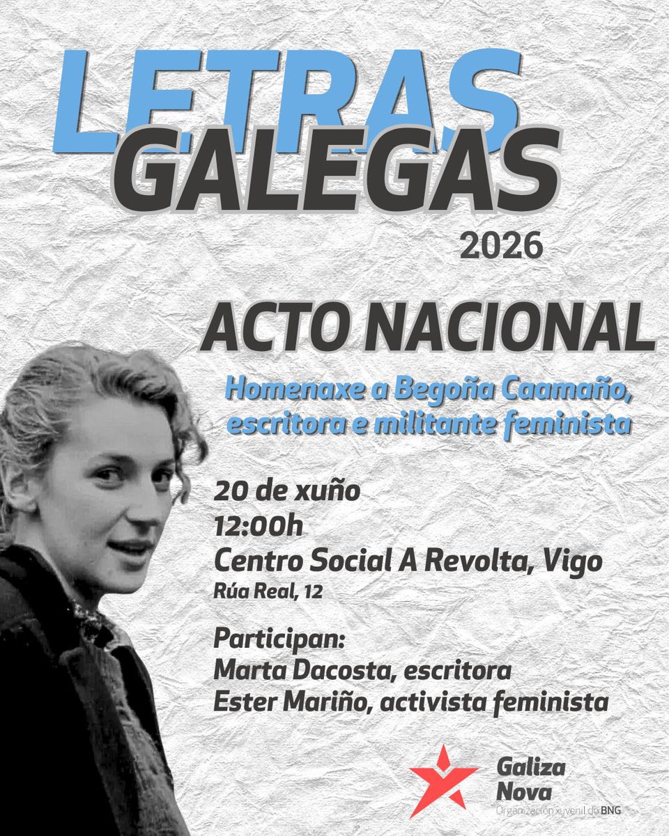 galizanova's tweet photo. Apunta a data: O 20 de xuño en Vigo celebramos a Begoña Caamaño!

Organizamos este acto nacional ás 12:00h no CS A Revolta para lembrar a Begoña como escritora e militante feminista.

Acompañarannos Marta Dacosta e Ester Mariño. https://t.co/57ZZu0MqrA