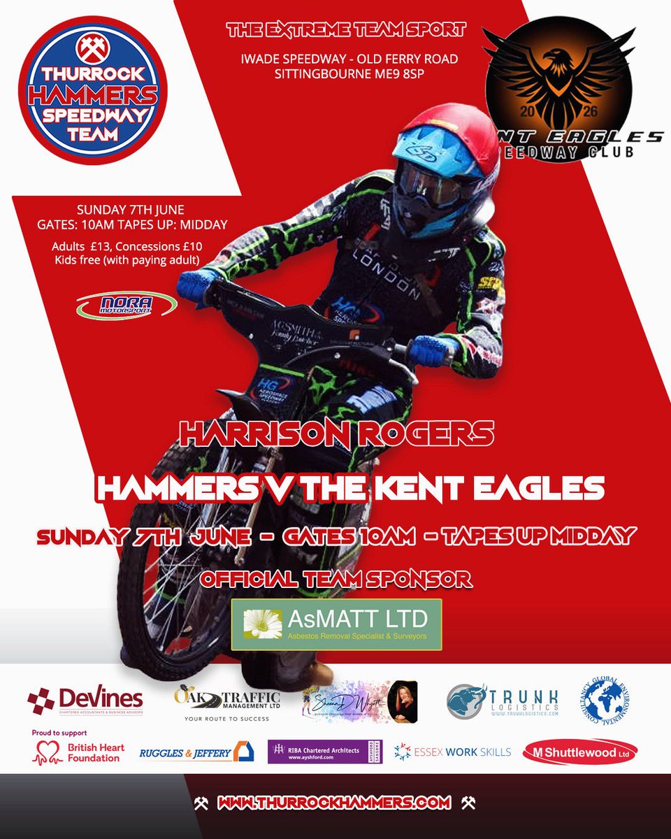 ThurrockHammers's tweet photo. Completing our line up, we’re delighted to welcome Harrison Rogers back to the #Hammers ⚒️⚒️ 

The Thurrock ‘ @AsmattL ‘Hammers v Kent Eagles - Iwade speedway, Sunday 7th June (Gates 10am First race midday) 

#WeAreThurrocksHammers ⚒️⚒️

Main image 📷 Chloe Cawthorne Media https://t.co/s5qma3ayTV