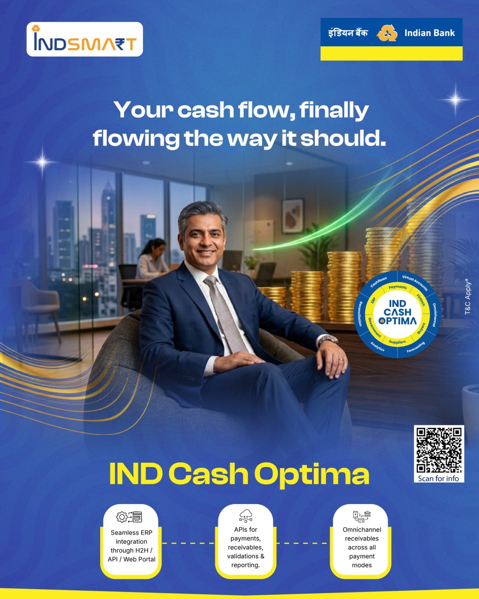MyIndianBank's tweet photo. Collections, payments, reconciliation, all in one place, all in real time. Because managing money shouldn't feel like a full-time job on top of your full-time job. 

#IndianBank #IndCashOptima https://t.co/Zu7adnx4MB