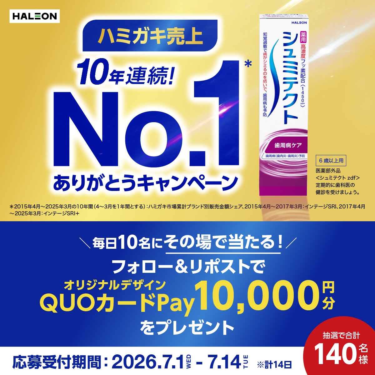 ShumitectJapan's tweet photo. ／
シュミテクトから感謝を込めて！
10年連続ハミガキ売上No.1キャンペーン㊗️
＼

これからも、シミたらシュミテクト

毎日10名様に1万円分のQUOカードPayが
抽選でその場で当たる🎁

6日目🦷

▼応募方法
1️⃣本アカウントをフォロー
2️⃣本投稿を翌日9:59までにリポスト
3️⃣当選者はその場でDMが届く
