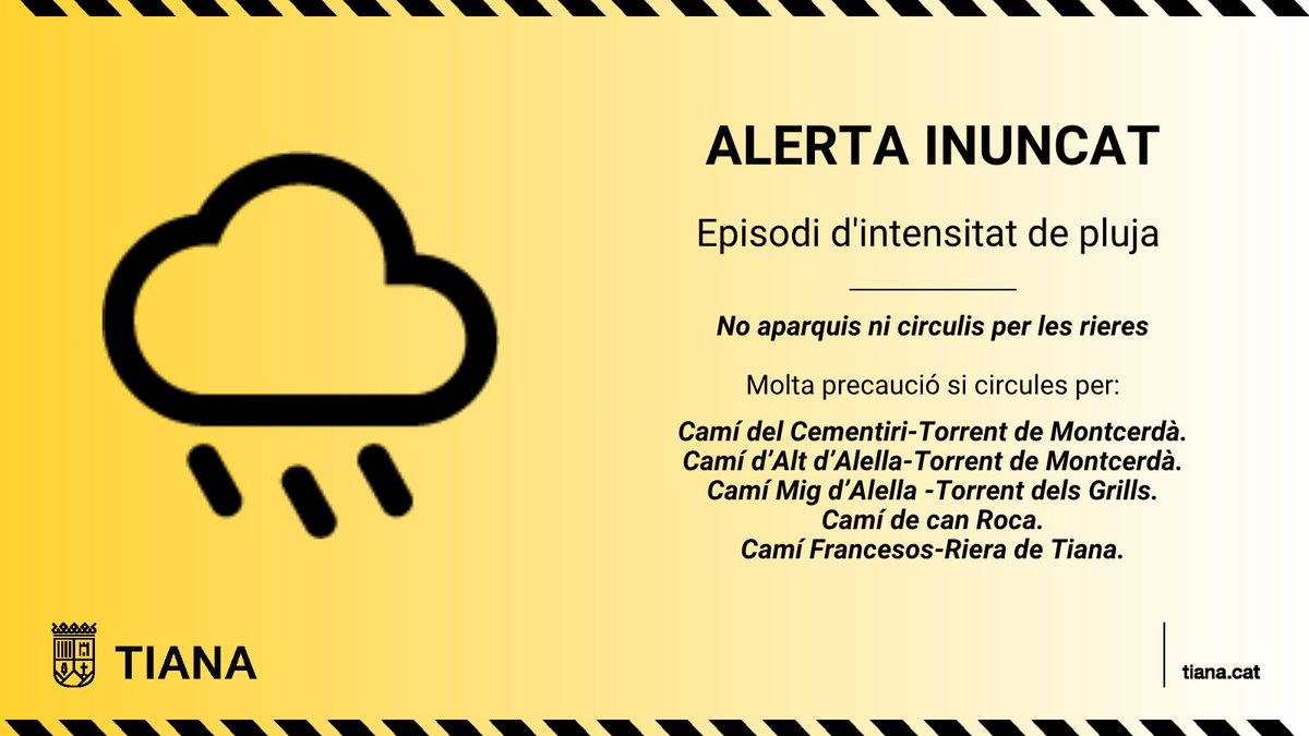 Aj_Tiana's tweet photo. 🟠 ALERTA INUNCAT

El Servei Meteorològic de Catalunya ha emès un avís per pluja intensa. Tiana està en taronja, que adverteix de risc alt, des de les 18 h a les 00 h. 

☎️ Davant qualsevol incidència o emergència truca a la Policia Local al 93 395 15 15. https://t.co/rtuEaoVzpV