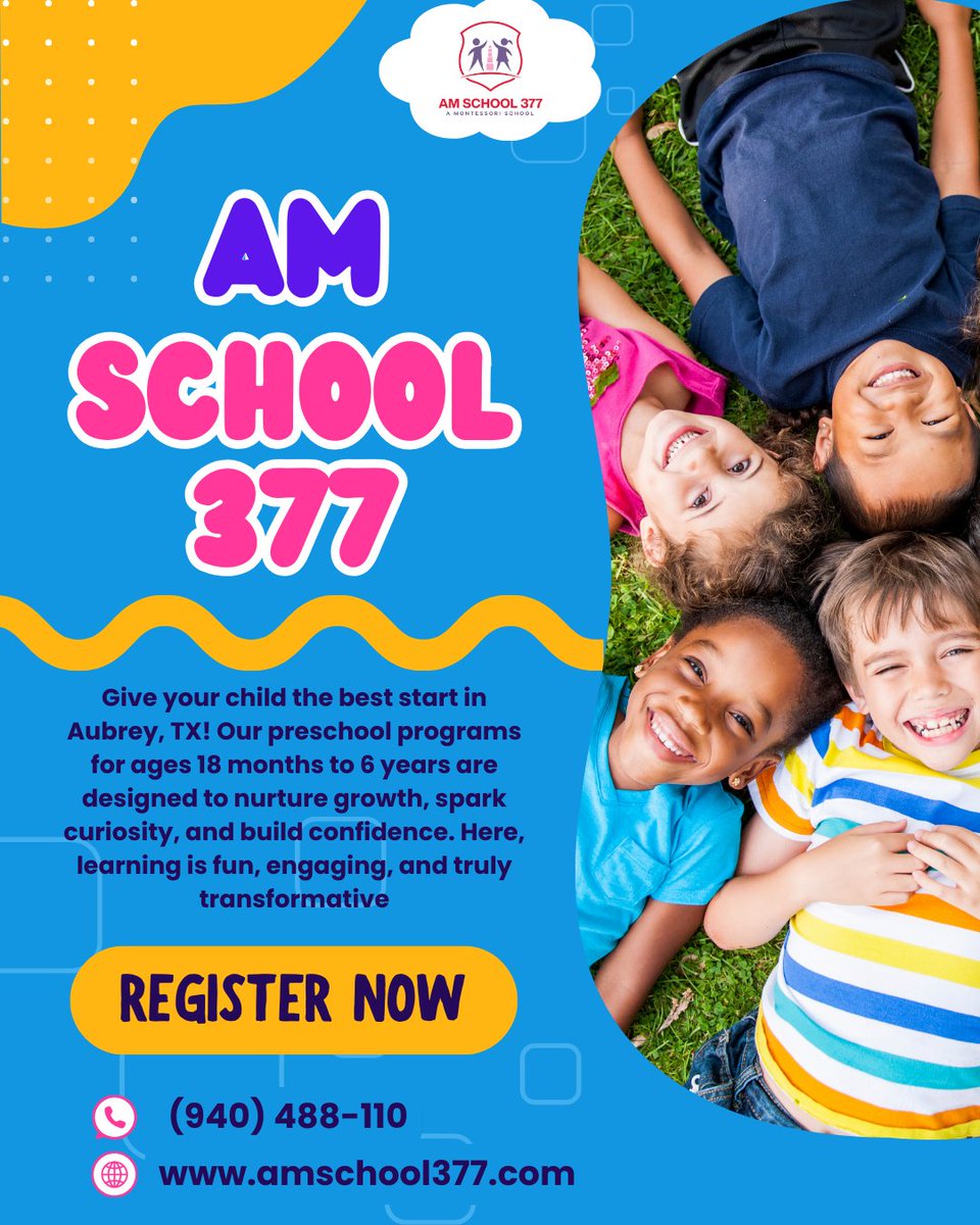 NRIPage's tweet photo. Unlock your child’s potential at AM School 377, a Montessori school designed to nurture curiosity, confidence, and early learning excellence. Register today!

📍 AM School 377
📞 (940) 488-1100
🌐 https://t.co/scxfPufXre

#amschool377 #montessorischool #preschool #earlylearning https://t.co/fYp0isCKK1