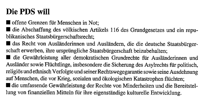 SchonungslosYT's tweet photo. Das Wahlprogramm der PDS 1993.

Will mir irgendein Linker nochmal erklären, warum die Politik der letzten Jahre nicht links genug war, wenn ALLE Punkte umgesetzt wurden? https://t.co/PaY4ja2Fpj