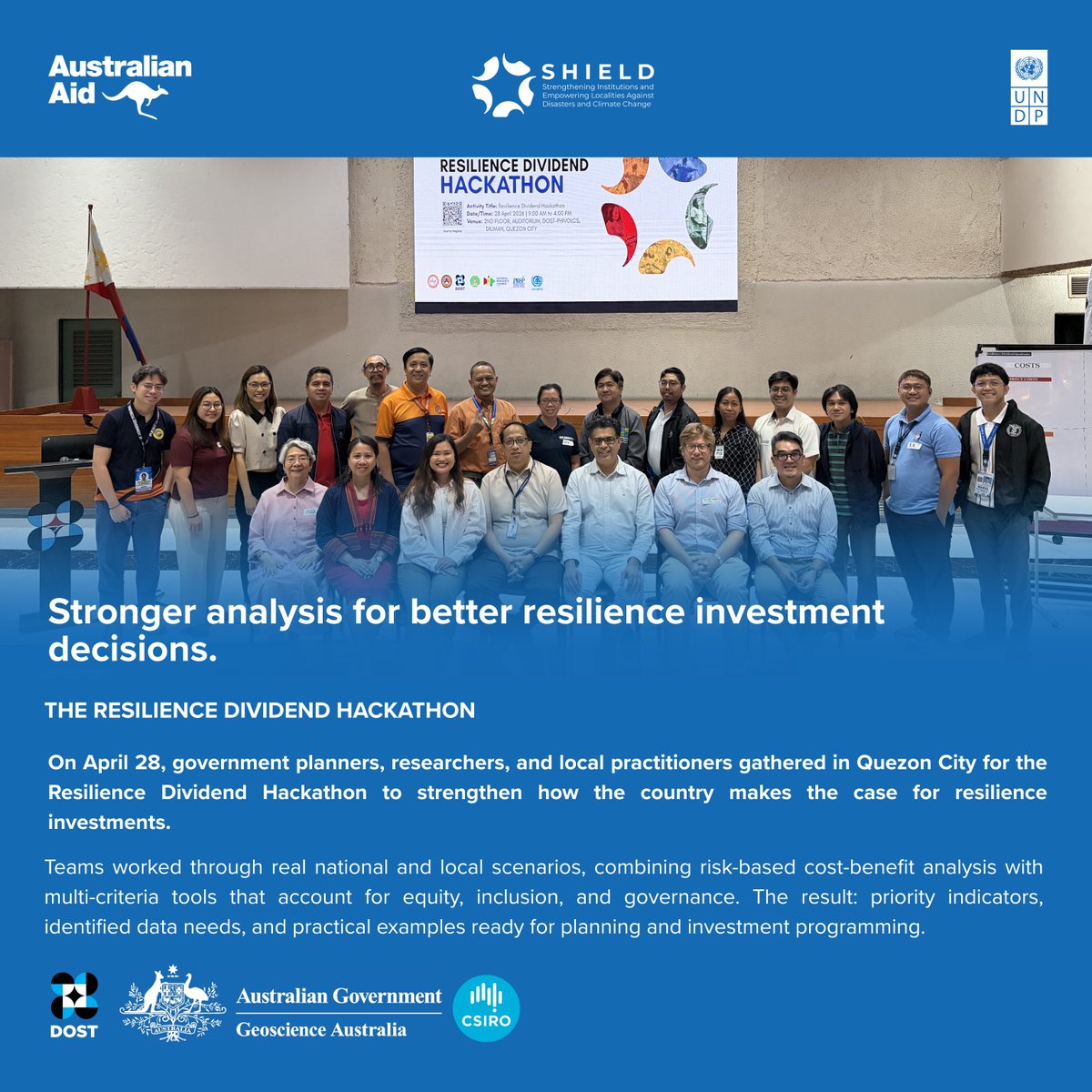 UNDPPH's tweet photo. Building the case for science-based, smarter resilience investments.

Through the SHIELD Programme, DOST, UNDP, CSIRO, and Geoscience Australia with support from the Australian Government 🇦🇺, continue advancing smarter and more inclusive resilience investments in the Philippines. https://t.co/oCBLtIyHL2
