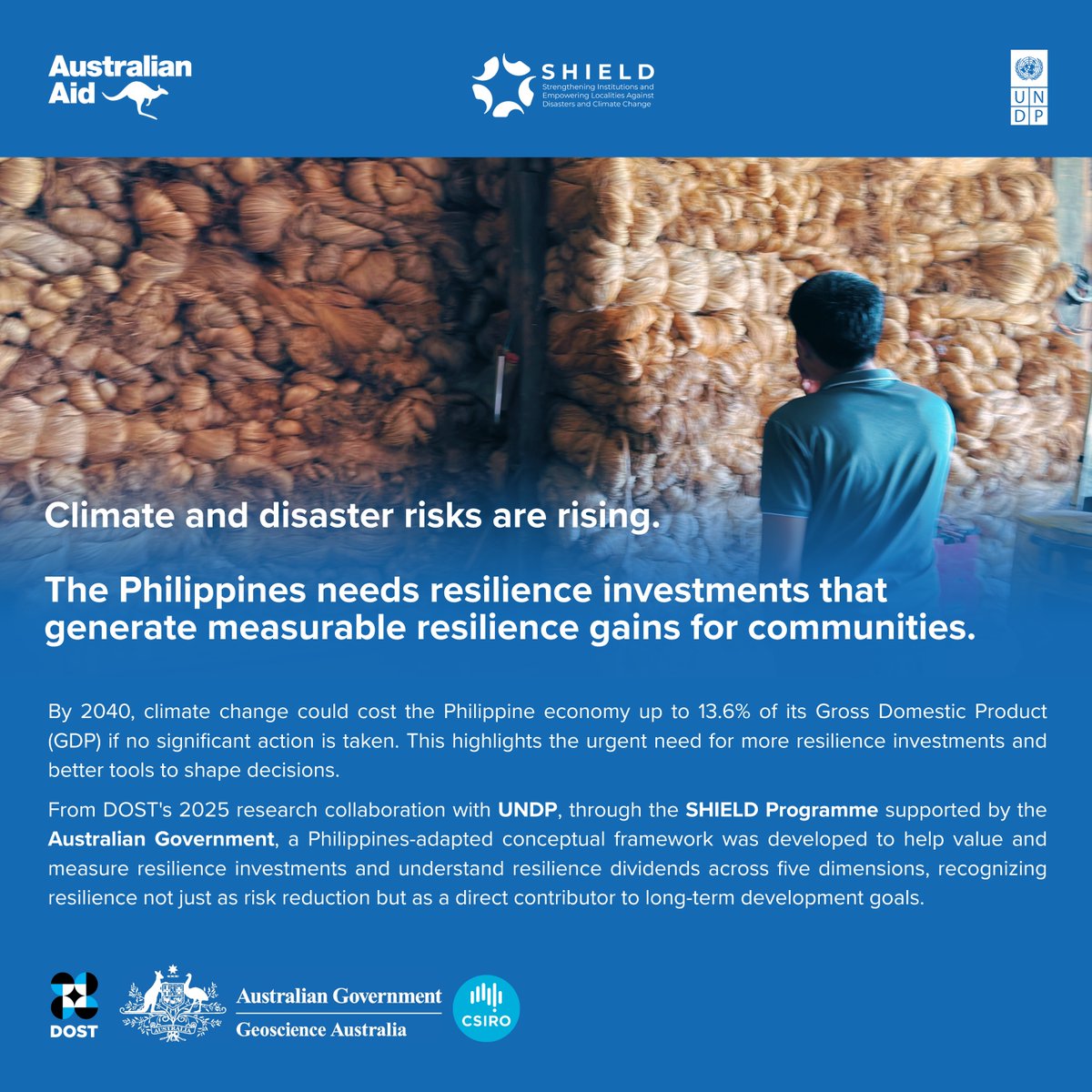 UNDPPH's tweet photo. Building the case for science-based, smarter resilience investments.

Through the SHIELD Programme, DOST, UNDP, CSIRO, and Geoscience Australia with support from the Australian Government 🇦🇺, continue advancing smarter and more inclusive resilience investments in the Philippines. https://t.co/oCBLtIyHL2
