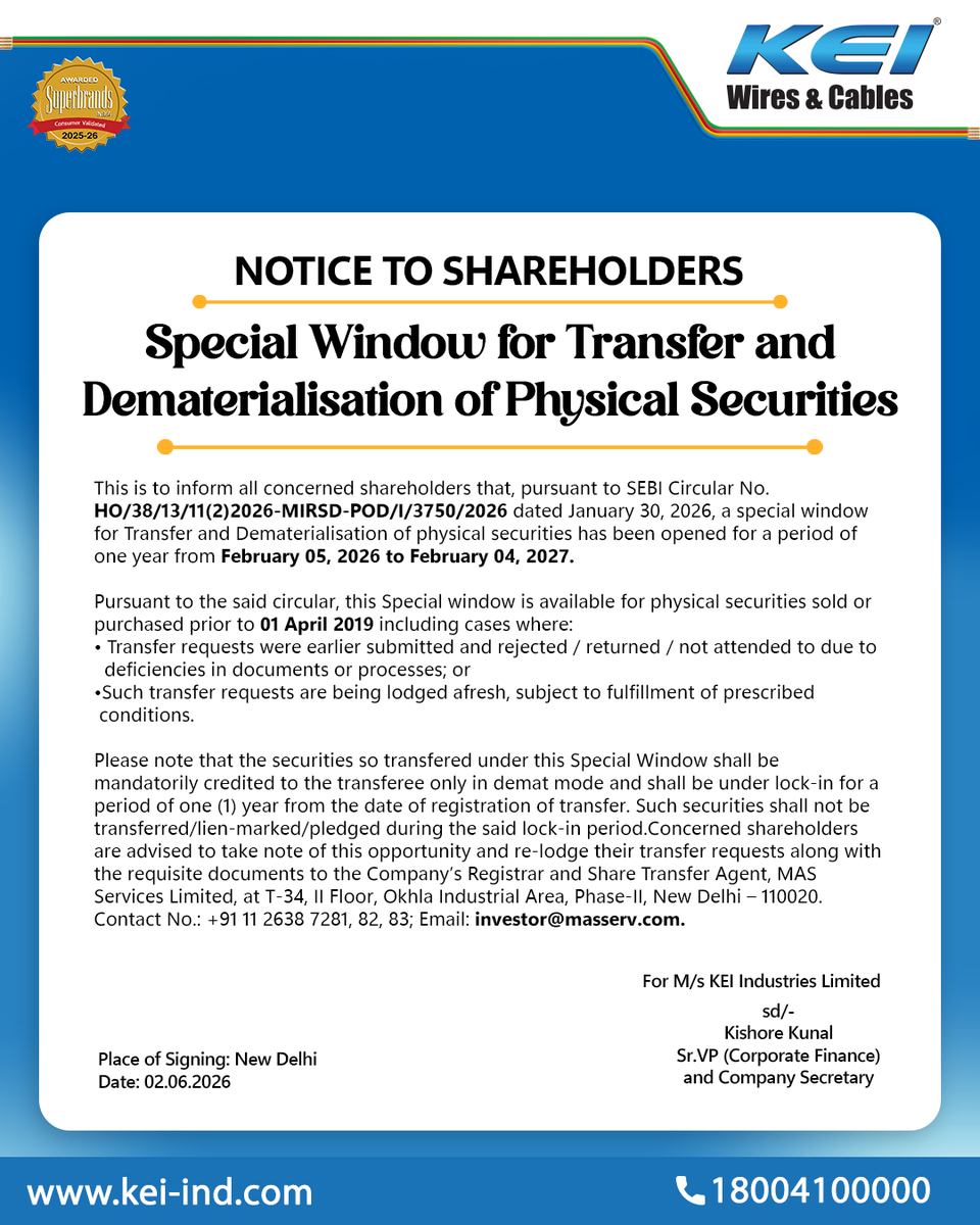 keicable's tweet photo. Special Window for Transfer and Dematerialisation of physical securities

#keiwires #keiwiresandcables #notice #hartensionsahechaltirahe https://t.co/bd0CVXfT54