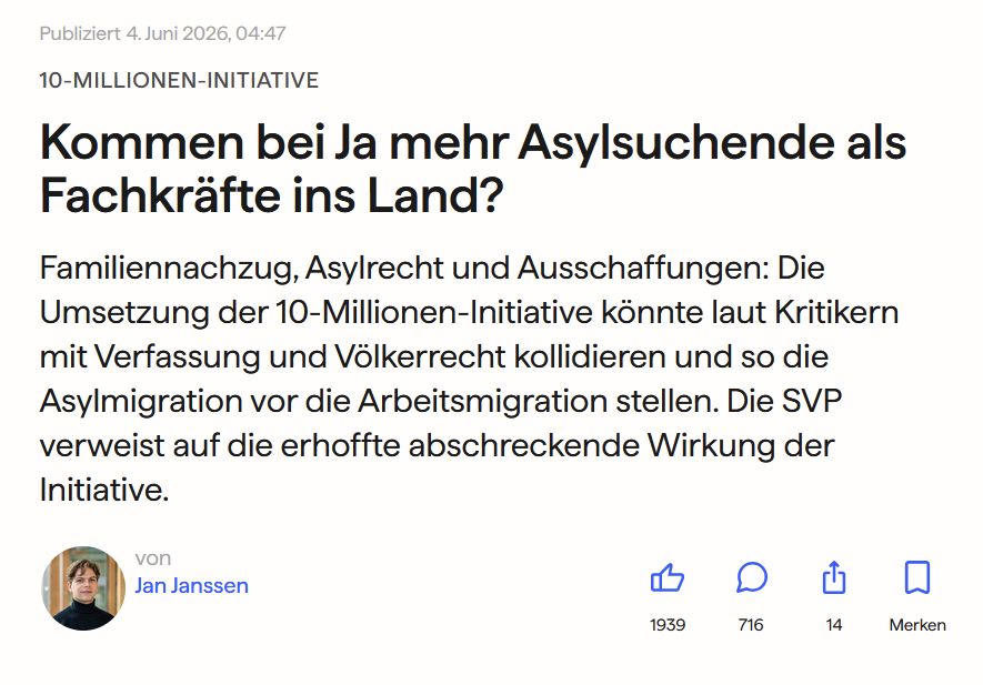 hans_denkt's tweet photo. Das nächste Schauermärchen der Initiativgegner.

Die Schweiz könnte längst eine viel strengere Asylpolitik fahren - es fehlt am politischen Willen! 

Vor allem bei FDP und "Mitte".

Wenn die Initiative angenommen wird, dann kommt endlich der notwendige Druck von der Wirtschaft.😎 https://t.co/1QyI7o8m75