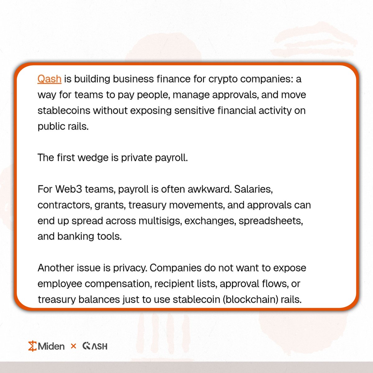 Fuugaa01's tweet photo. Most companies don't want their payroll data visible to the entire internet.

That's why Qash is building on @0xMiden.
» @0xQash is creating a private neobank for global teams, making it easier to run payroll, send payments, and manage treasury operations across borders while keeping sensitive financial information private.

» Miden's privacy-first architecture makes this possible. Instead of putting everything on a public ledger, Miden allows users to execute transactions privately while still benefiting from blockchain security and verifiability.