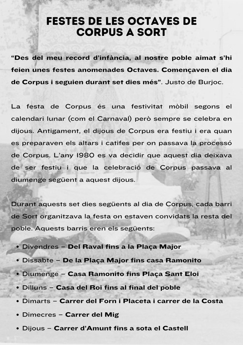 aresrafel's tweet photo. OCTAVES DE CORPUS A SORT 2026 🌺🌸🌹🌼☘️

Del dia 4 al 8 de juny als carrers de Sort s’hi tornaran a celebrar les tradicionals festes de les Octaves de Corpus. Una festa participativa del veïnat de Sort, enguany amb cant coral, recol·lecció de flors, elaboració de catifes, balls https://t.co/v656UHl1gG