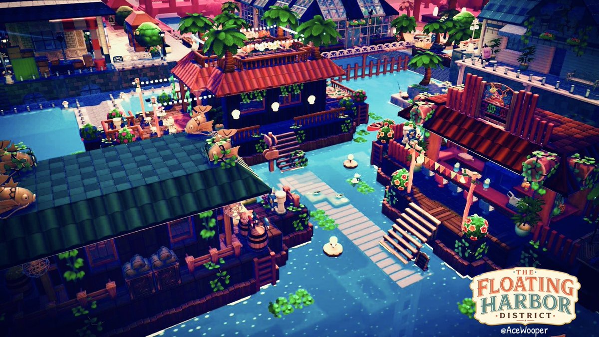 AceWooper's tweet photo. Overview of the Floating District I built on Bleak Beach: 

☕ Floating Café Boat
🎣 Fishing Supplies Shop Boat
🍹 Floating Lounge Bar  

Referenced from the cozy overgrown café boat by @thezoibean 

#Pokemon #PokemonPokopia #Pokopia #PokopiaBuild https://t.co/fH63XUjmyd