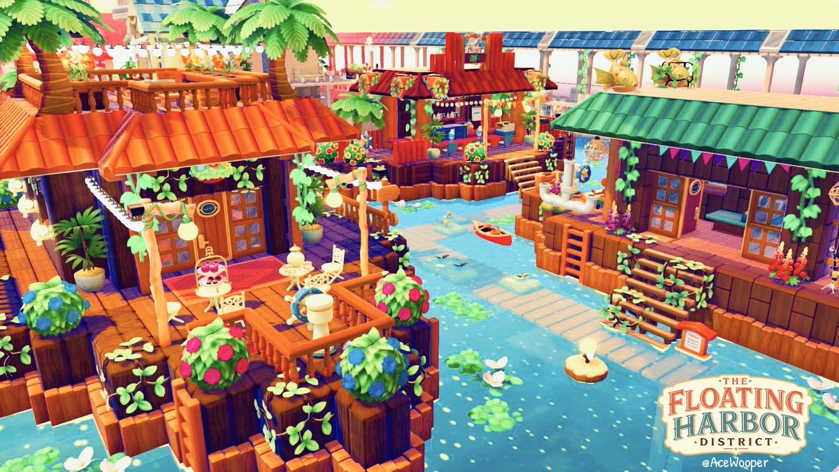 AceWooper's tweet photo. Overview of the Floating District I built on Bleak Beach: 

☕ Floating Café Boat
🎣 Fishing Supplies Shop Boat
🍹 Floating Lounge Bar  

Referenced from the cozy overgrown café boat by @thezoibean 

#Pokemon #PokemonPokopia #Pokopia #PokopiaBuild https://t.co/fH63XUjmyd