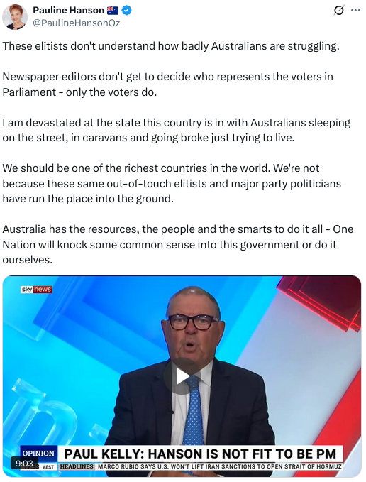 mark_melbin's tweet photo. One Nation's Pauline Hanson:
- "Australians are sleeping on the street, in caravans and going broke".
- "Australia has the resources"

Also PH: 
- OPPOSED wage rises for Aussies sleeping on the street/going broke.
- OPPOSED taxing Gina's resources.

#auspol #OneNation #BS https://t.co/l6QvqPxhwh