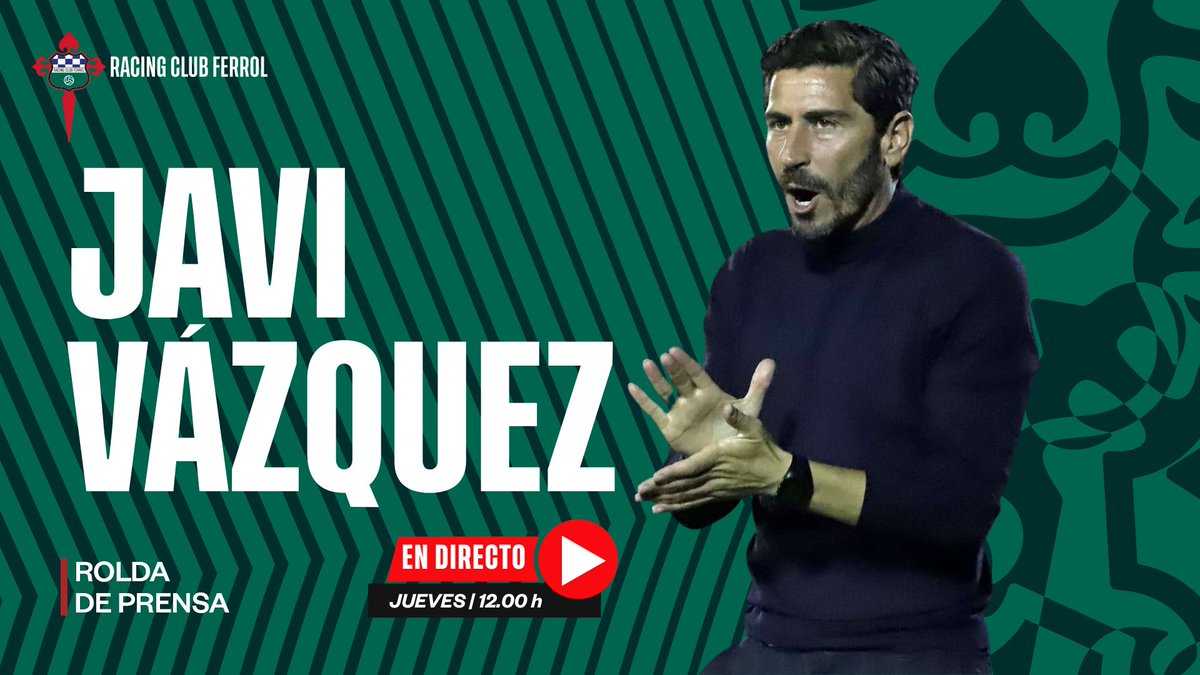 racingferrolsad's tweet photo. ROLDA DE PRENSA | Segue en directo a presentación de Javi Vázquez como novo adestrador racinguista 💚

⏰ 12.00h
📺 https://t.co/1fudn1bZuO

#SomosDeFerro