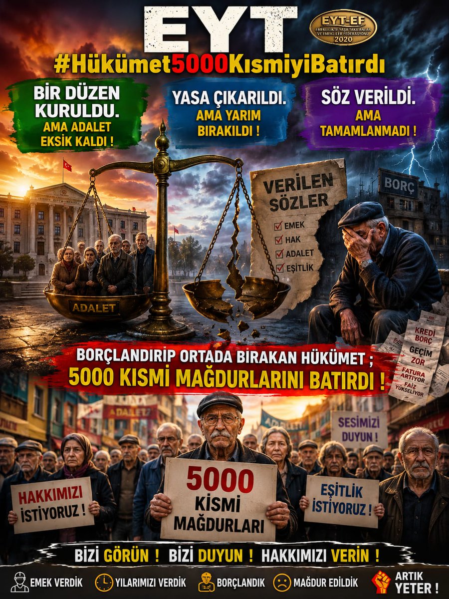 EYT_ED's tweet photo. EYT
👇👇👇
#Hükümet5000KısmiyiBatırdı

Bir düzen kuruldu.
Ama adalet eksik kaldı !

Yasa çıkarıldı.
Ama yarım bırakıldı !

Söz verildi.
Ama tamamlanmadı !

Borçlandırıp ortada bırakan Hükümet ;
5000 Kısmi mağdurlarını batırdı !

#TüikYazıyorEmekliBatıyor
@RTErdogan 
@isikhanvedat https://t.co/kTZCuqznil
