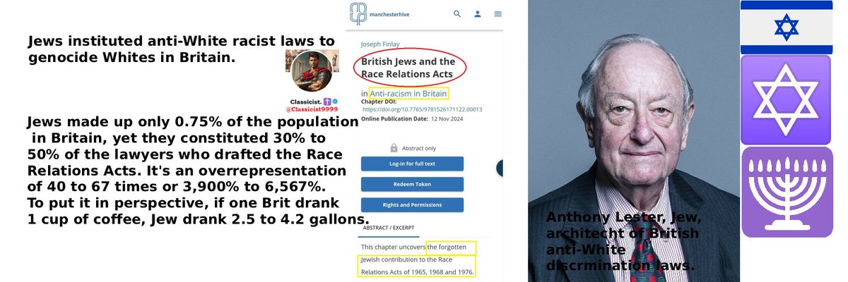 Classicist9999's tweet photo. @BasilTheGreat @thetimes ✡️🇮🇱🕎🇬🇧✝️It's the jews.

The "architech" of anti-White racial laws was a jew, Anthony Lester. 50% of lawyers drafting the anti-White 'Race Relations Acts' were also jews.

Follow @Classicist9999: pattern recognition expert https://t.co/xlh8U0pw5m