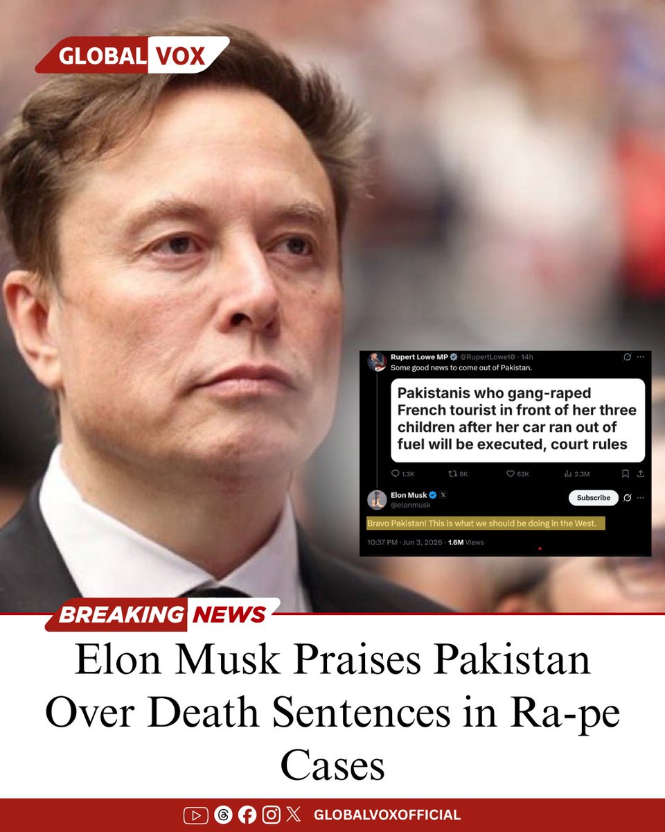 theglobalvox's tweet photo. Elon Musk has publicly praised Pakistan for imposing death sentences on convicted rapists, describing the move as a strong example of delivering justice. The remarks have attracted attention on social media, with many noting it as a rare public comment by Musk regarding Pakistan. https://t.co/B1W5AIALUV