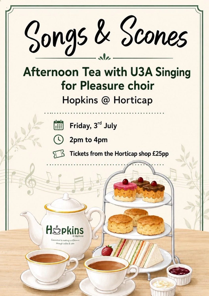 Horticap's tweet photo. Get your tickets for our fundraising event, where you can enjoy fabulous afternoon tea  while listening to the U3A choir on 3rd July. Tickets only £25pp from the Horticap shop. #Harrogate #charity #learningdisabilities #horticap https://t.co/gu5dyEayQF