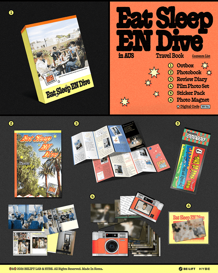 readytohype's tweet photo. ENHYPEN <Eat Sleep EN Dive in AUS> TRAVEL BOOK

✅ est bersih ina 
berat naik, harga naik. berat turun harga turun.
✅ POB wvgb jika ada

Shipping Jun 25, 2026 ~ Jul 2, 2026 (KST)
On sale: 5 Juni 2026 - 09:00

FULLSET (est 500gr): 515.000 dp 400.000 https://t.co/65v47x2pLq