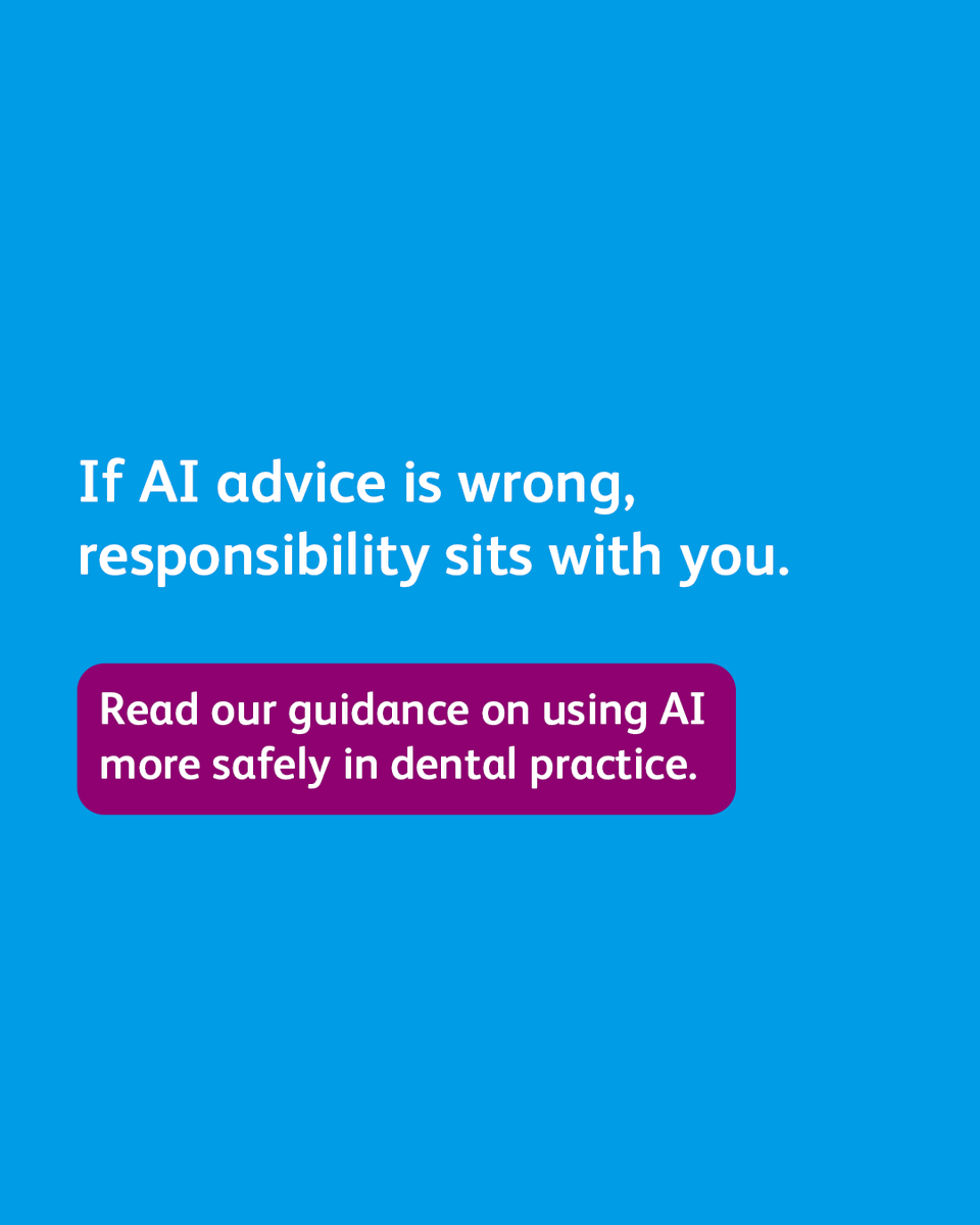 TheBDA's tweet photo. Thinking about using AI in your dental practice? 
  
From patient data to decision-making, be clear on your responsibilities. Our advice sets out what to consider so you can use AI with confidence and stay protected. https://t.co/1Wbt8sWRk8