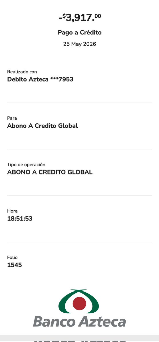 ggv99's tweet photo. @RicardoBSalinas Dios lo escuche y gane. Desde hace 15 años saco y pagos mis créditos, nadie me daba crédito solo banco azteca me dio. Mis tres pago, liquide uno y saque otro https://t.co/RGBLVEGw7d